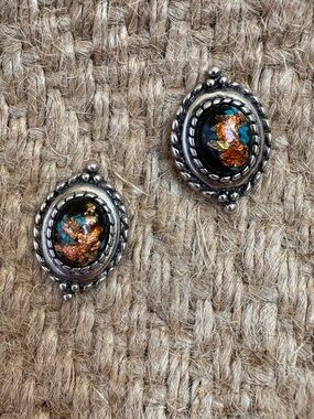 Vintage-Inspired Copper, Gold & Teal Oval Stud Earrings - Stamped “SW 94”